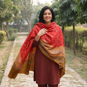 Red Sozni Heavy Hand Embroidery Work Kashmiri Merino Wool Shawl, worn by a model, AI visual of the shawl, iTokri