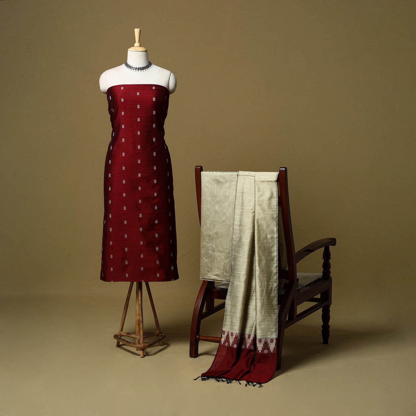 Spun dupion silk thread buti 3pc unstitched dress material