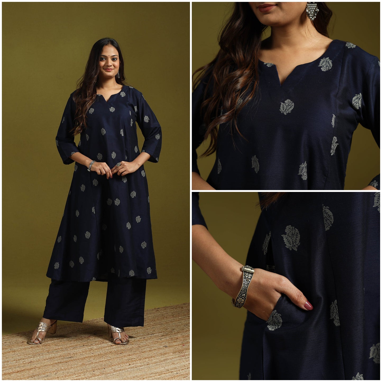 Spun dupion viscose silk thread buti 2pc kurta set