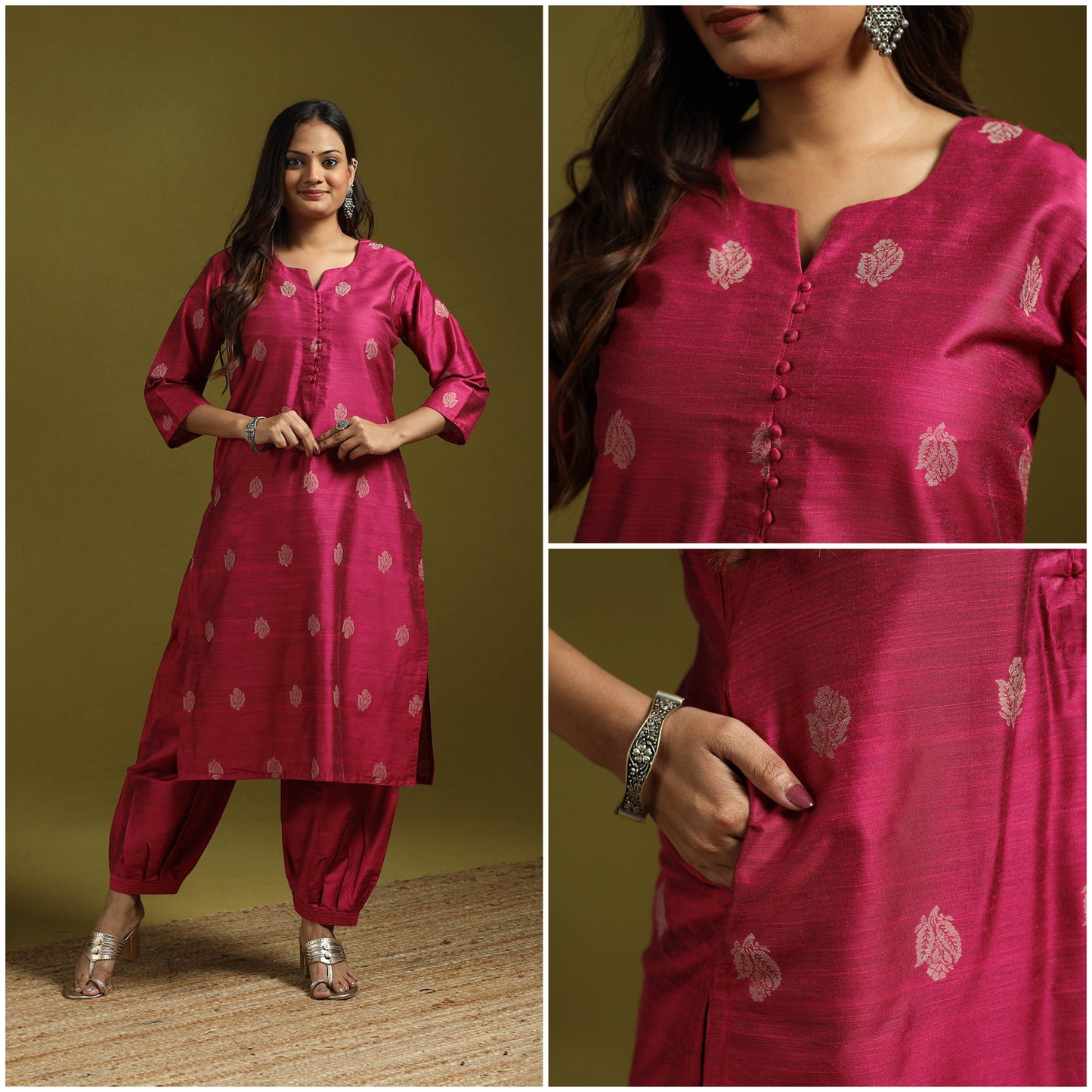 Spun dupion viscose silk thread buti 2pc kurta set