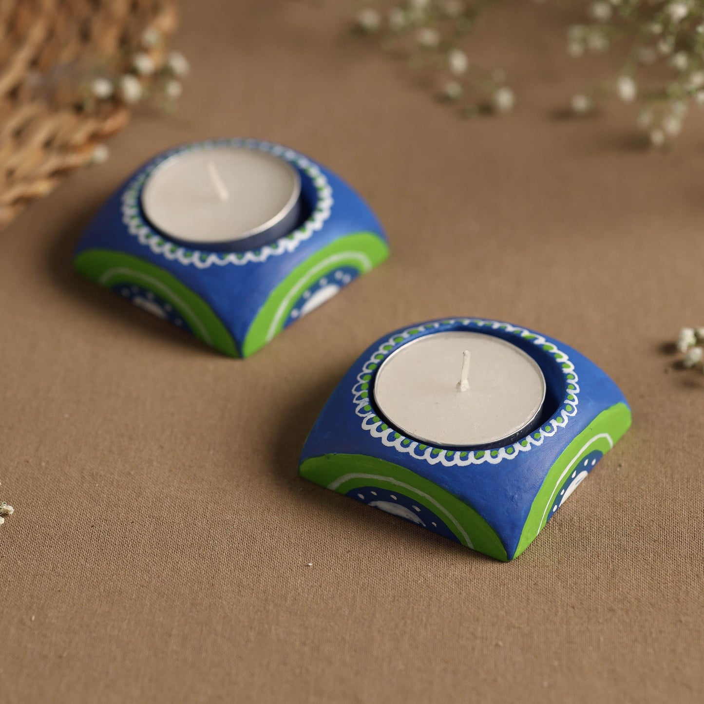  Hexagon - Handpainted Clay Candle Holders (Set of 2) Online in India l iTokri.com 