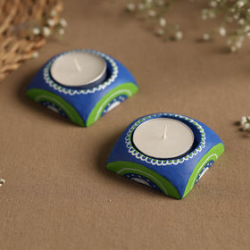  Hexagon - Handpainted Clay Candle Holders (Set of 2) Online in India l iTokri.com 