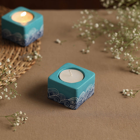  Square - Warli Handpainted Clay Candle Holders (Set of 2) Online in India l iTokri.com 