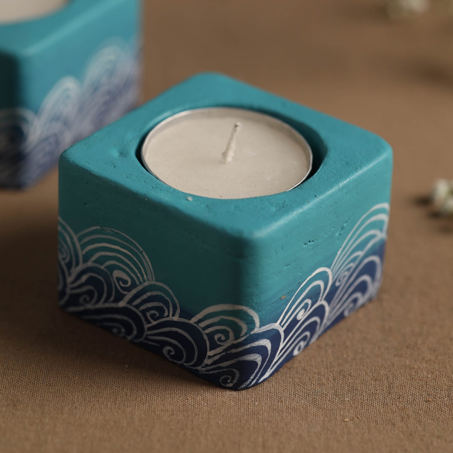  Square - Warli Handpainted Clay Candle Holders (Set of 2) Online in India l iTokri.com 