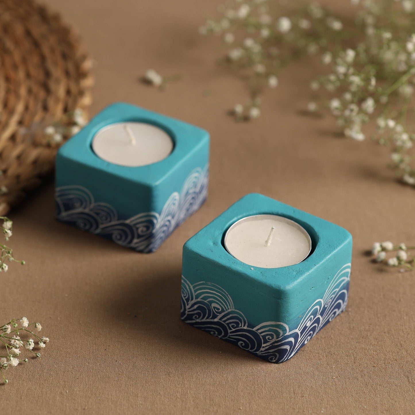 Square - Warli Handpainted Clay Candle Holders (Set of 2) Online in India l iTokri.com 