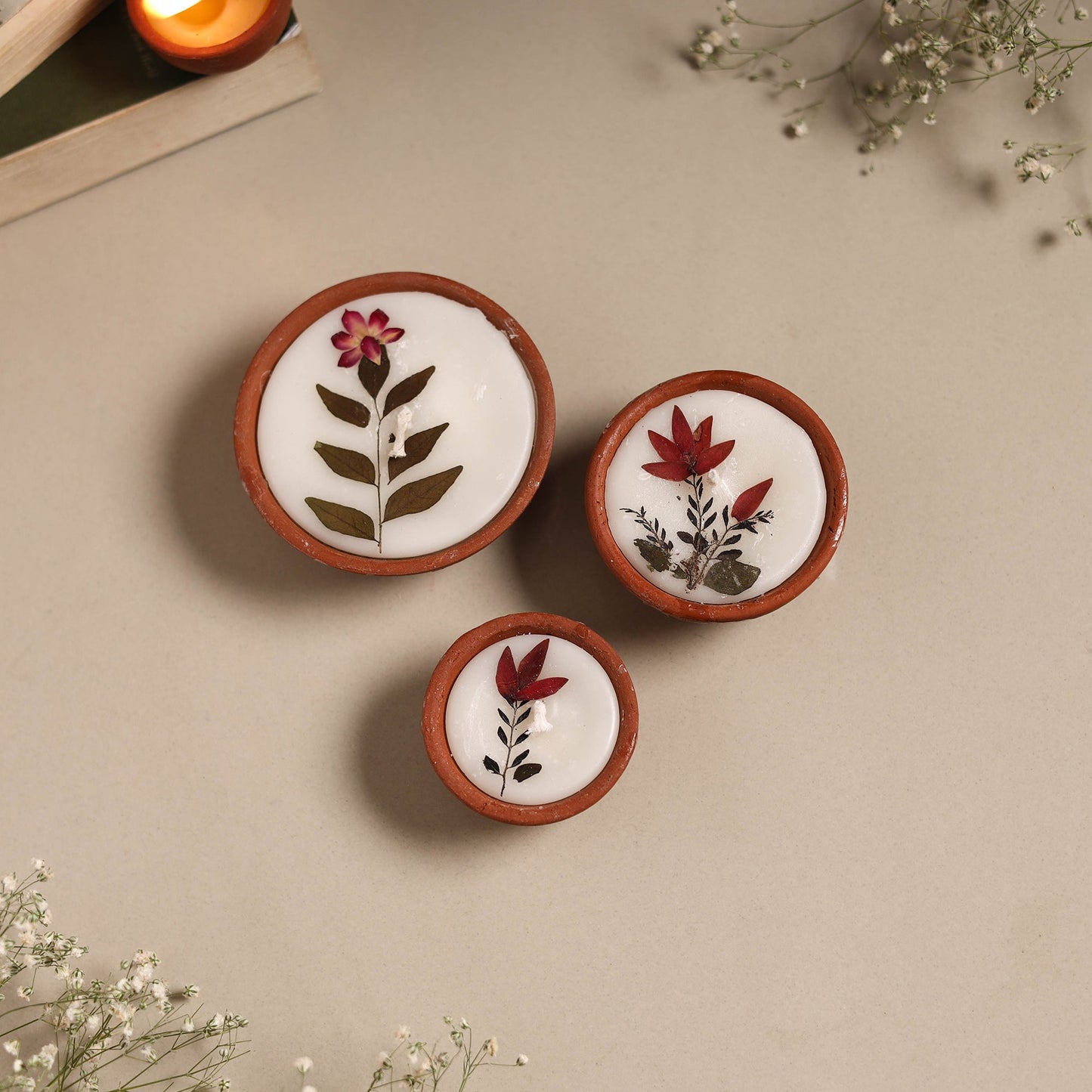 Sri aurobindo ashram clay diya with wax (set of 3) 01