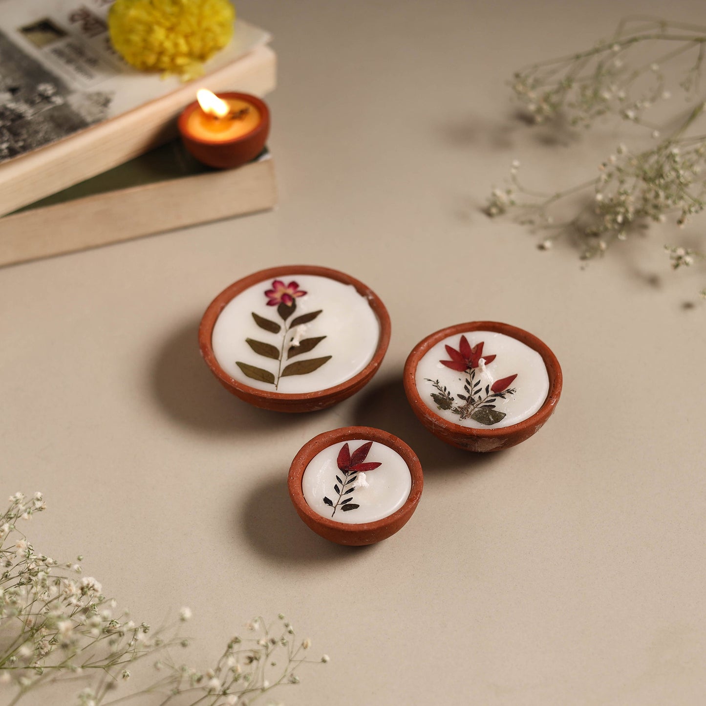 Sri aurobindo ashram clay diya with wax (set of 3) 01