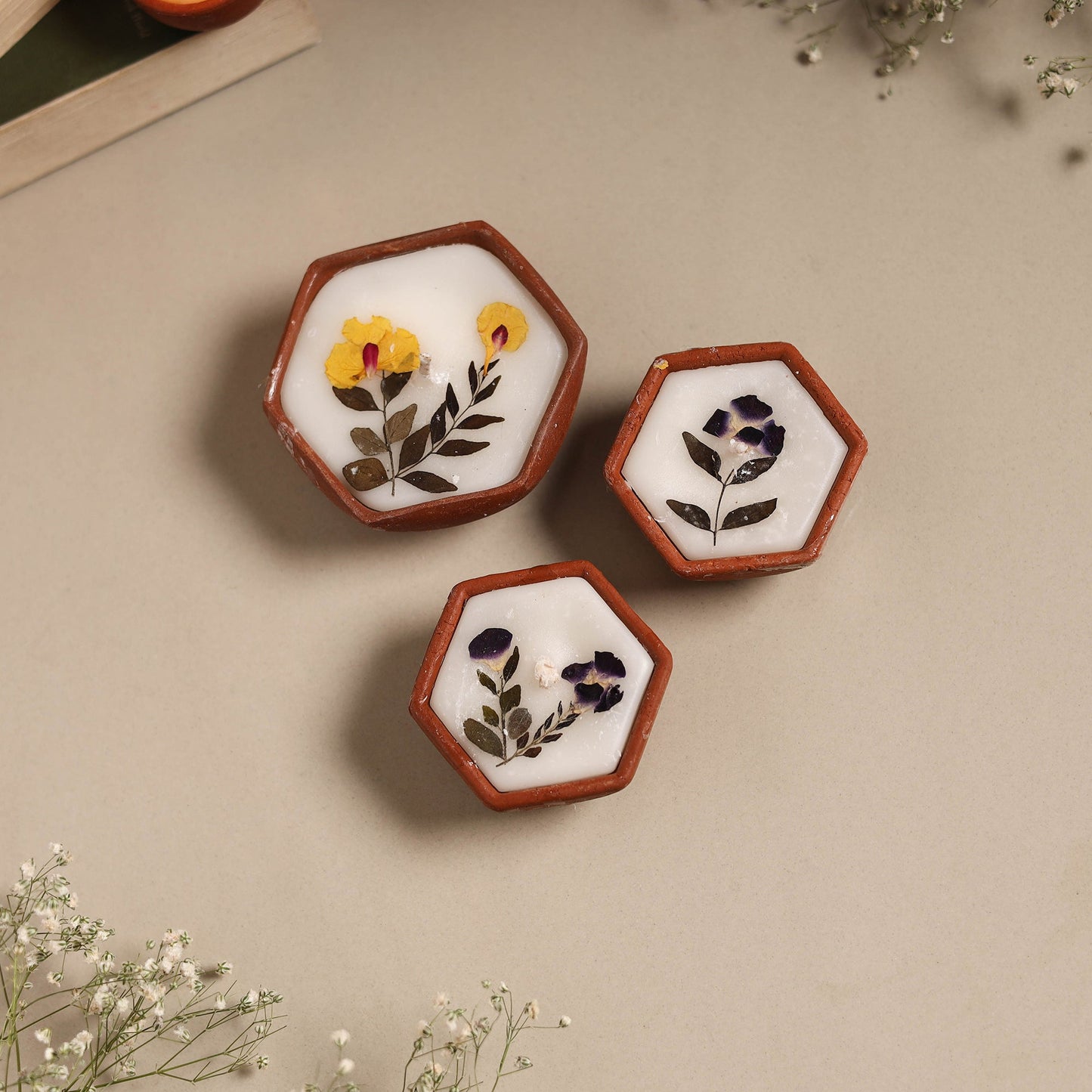 Sri aurobindo ashram clay diya with wax (set of 3) 04