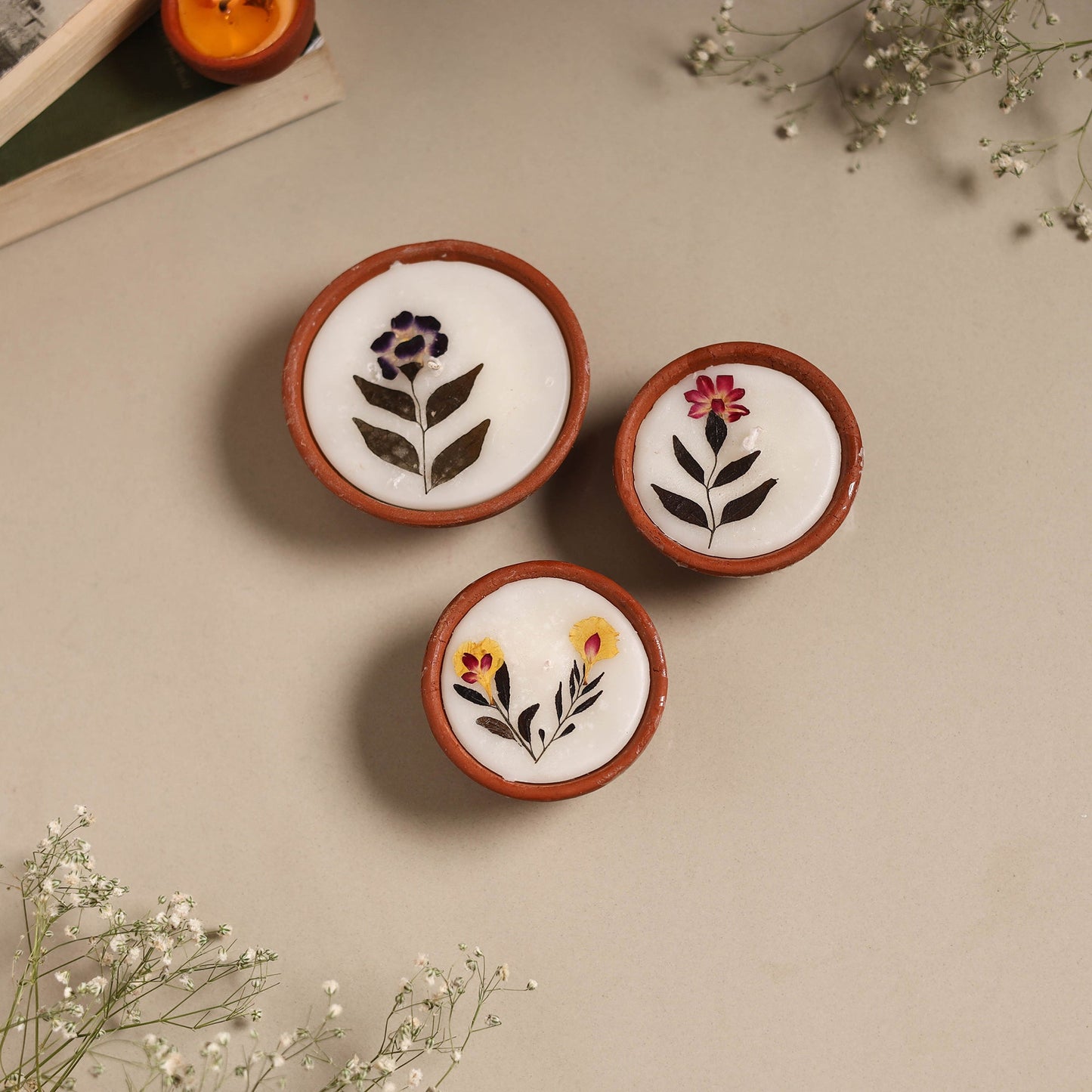 Sri aurobindo ashram clay diya with wax (set of 3) 05