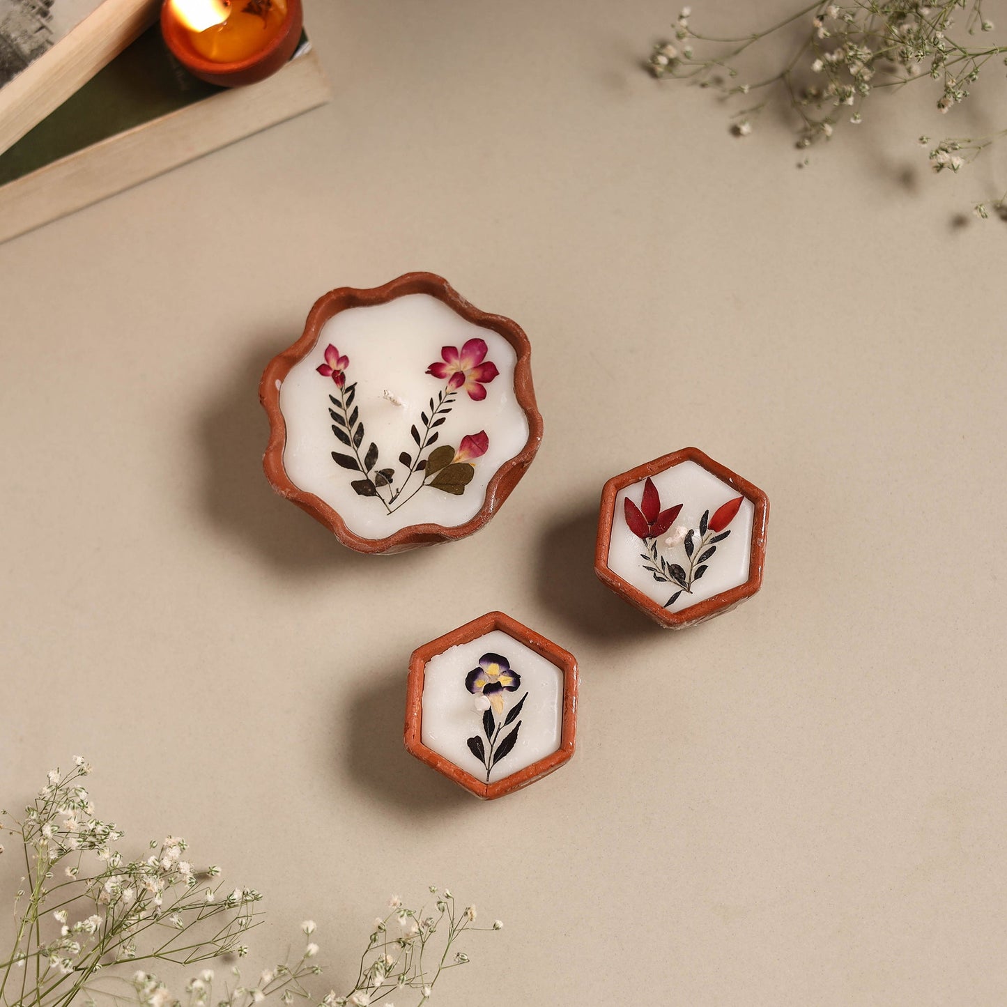 Sri aurobindo ashram clay diya with wax (set of 3) 09