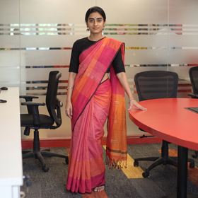 Pink Srikakulam Handloom Jamdani Buti Cotton Saree with Tassels, draped and worn by a woman, AI visual of the saree, iTokri