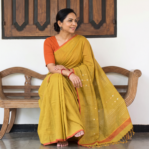 Yellow Srikakulam Jamdani Buti Pure Handspun Handloom Cotton Saree, draped and worn by a woman, AI visual of the saree, iTokri