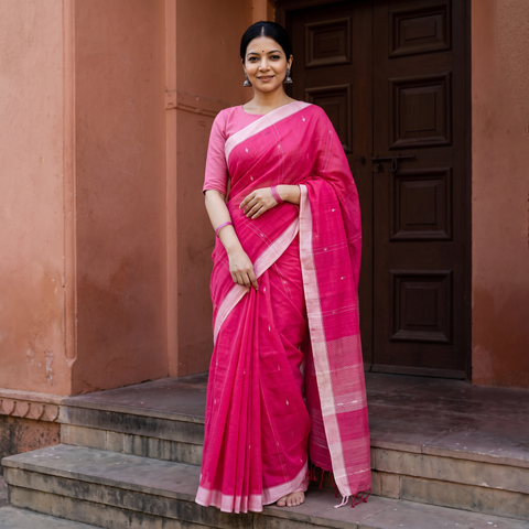 Pink Srikakulam Jamdani Buti Pure Handspun Handloom Cotton Saree, draped and worn by a woman, AI visual of the saree, iTokri