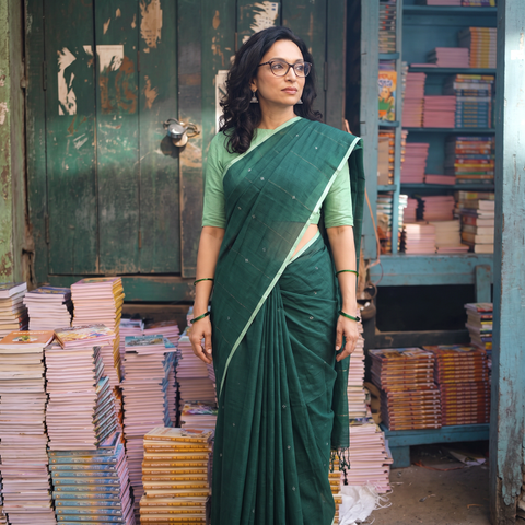 Green Srikakulam Jamdani Buti Pure Handspun Handloom Cotton Saree, draped and worn by a woman, AI visual of the saree, iTokri