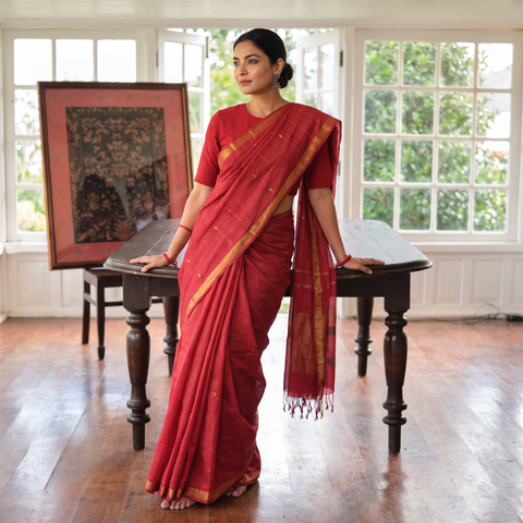 Red Srikakulam Jamdani Buti Zari Pure Handloom Cotton Saree, draped and worn by a woman, AI visual of the saree, iTokri