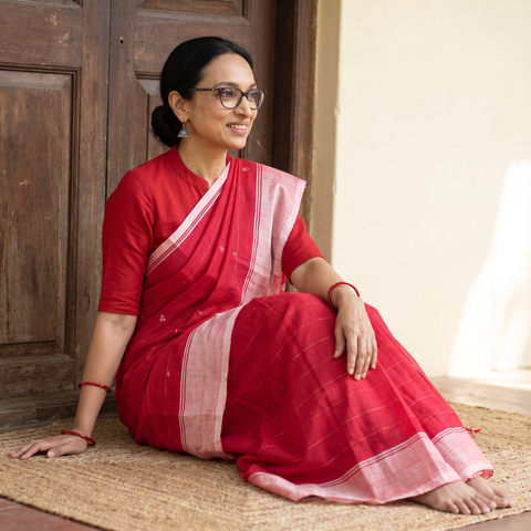 Red Srikakulam Jamdani Fish Buti Pure Handloom Cotton Saree, draped and worn by a woman, AI visual of the saree, iTokri