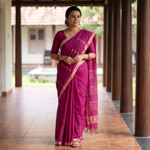 Pink Srikakulam Jamdani Pure Handspun Handloom Cotton Saree, draped and worn by a woman, AI visual of the saree, iTokri