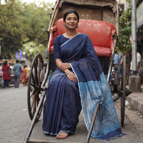 Blue Srikakulam Jamdani Zari Pure Handspun Handloom Cotton Saree, draped and worn by a woman, AI visual of the saree, iTokri