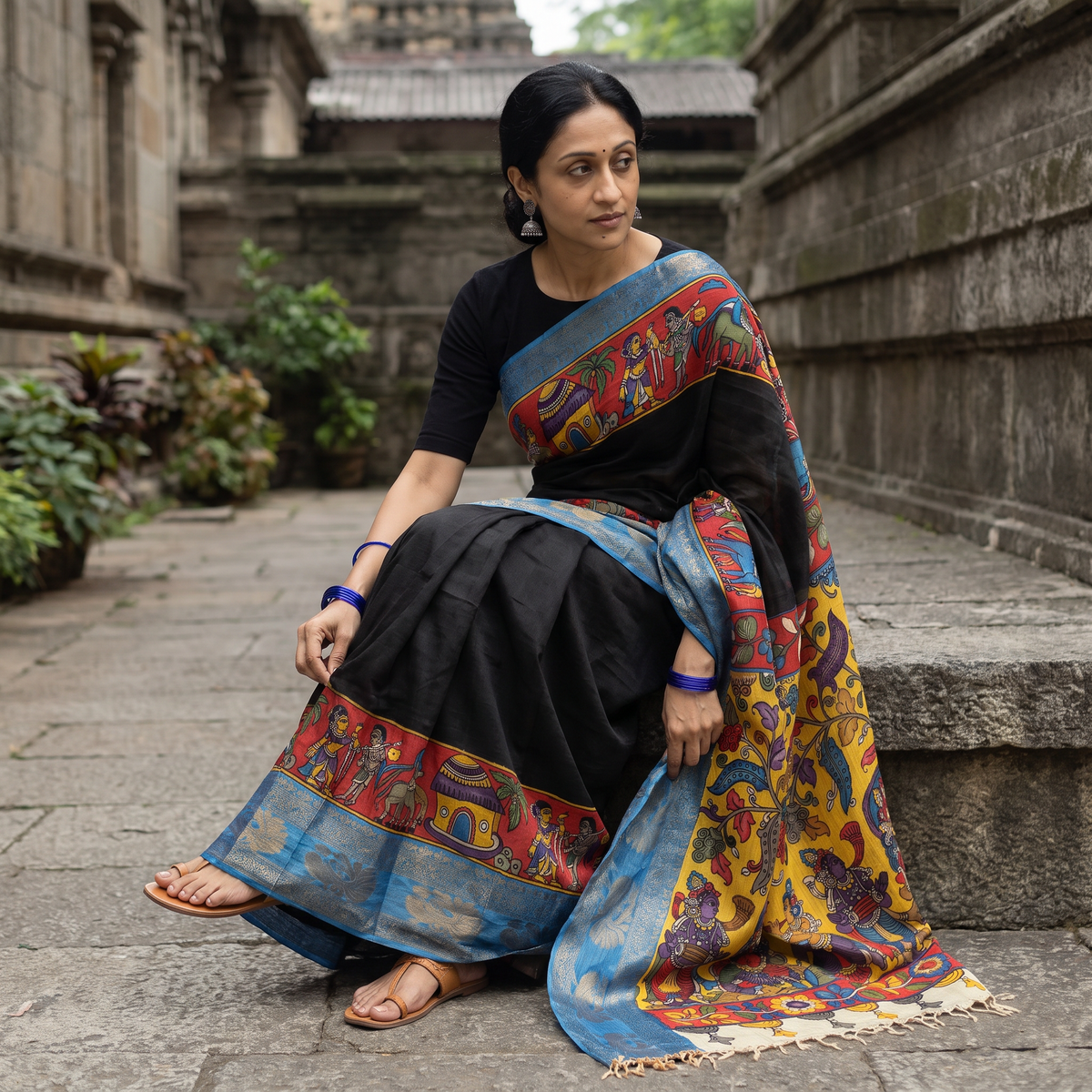 Black Srikalahasti Handloom Mangalagiri Pattu Silk Handpainted Pen Kalamkari Saree with Zari Border, draped and worn by a woman, AI visual of the saree, iTokri