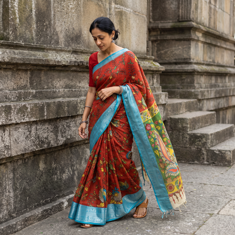 Red Srikalahasti Handloom Mangalagiri Pattu Silk Handpainted Pen Kalamkari Saree with Zari Border, draped and worn by a woman, AI visual of the saree, iTokri