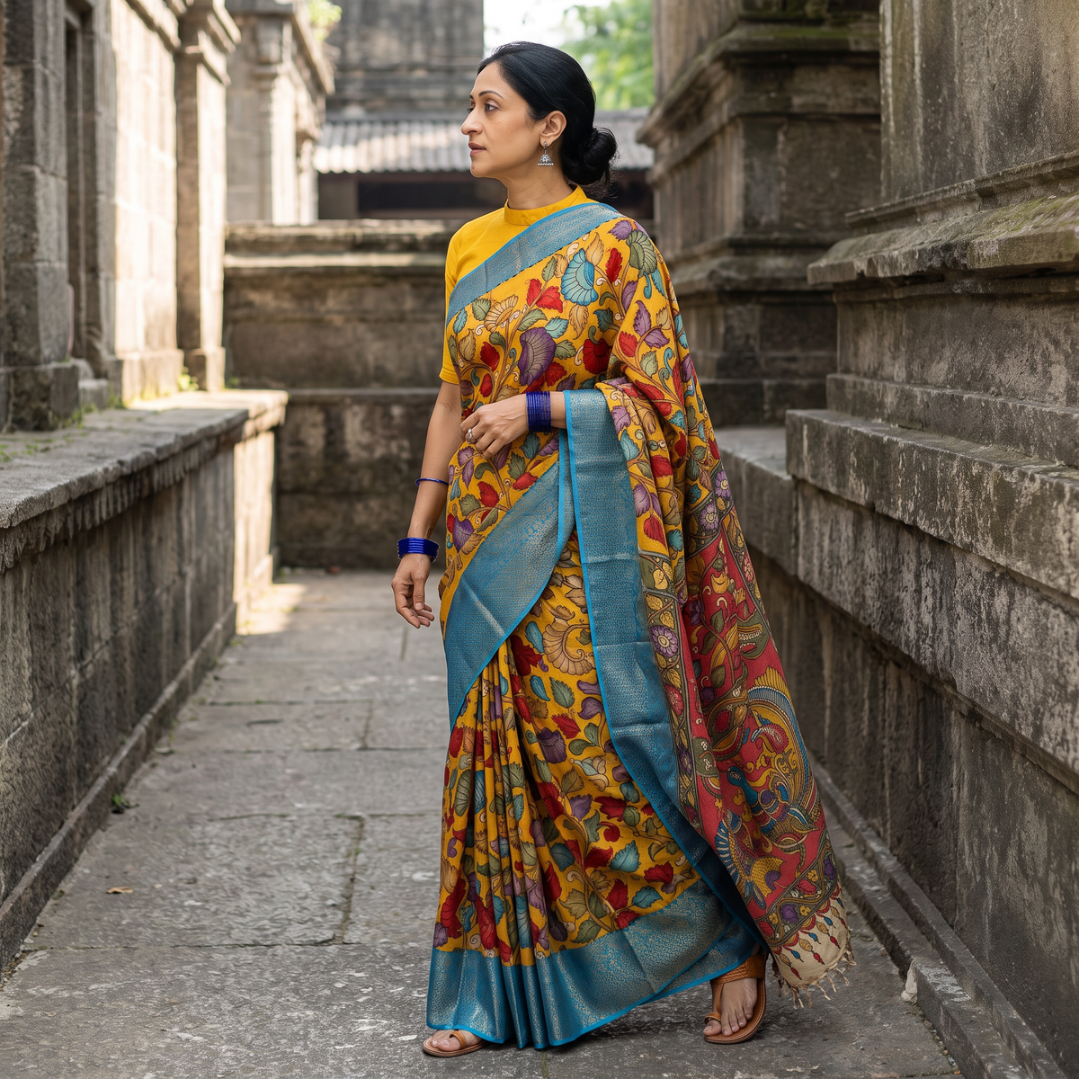 Yellow Srikalahasti Handloom Mangalagiri Pattu Silk Handpainted Pen Kalamkari Saree with Zari Border, draped and worn by a woman, AI visual of the saree, iTokri