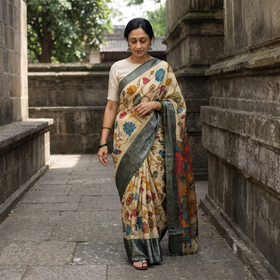 Beige Srikalahasti Handloom Mangalagiri Pattu Silk Handpainted Pen Kalamkari Saree with Zari Border, draped and worn by a woman, AI visual of the saree, iTokri