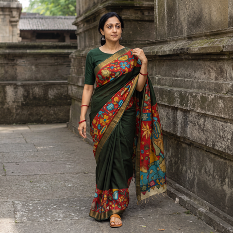 Green Srikalahasti Handloom Mangalagiri Silk Handpainted Pen Kalamkari Saree with Zari Border, draped and worn by a woman, AI visual of the saree, iTokri