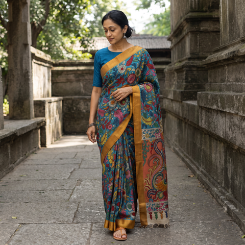 Blue Srikalahasti Handpainted Natural Dyed Bangalore Silk Zari Border Pen Kalamkari Saree, draped and worn by a woman, AI visual of the saree, iTokri