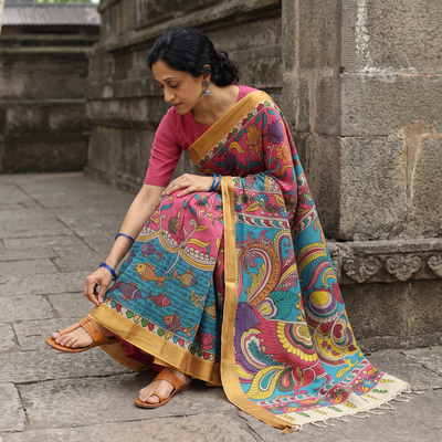 Pink Srikalahasti Handpainted Natural Dyed Bangalore Silk Zari Border Pen Kalamkari Saree, draped and worn by a woman, AI visual of the saree, iTokri