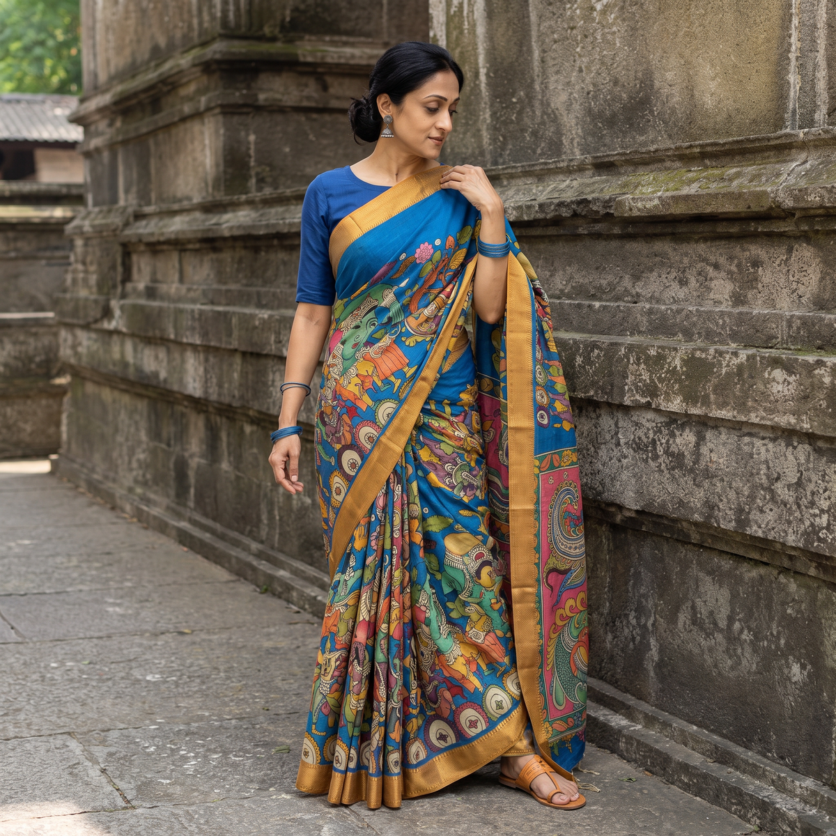 Blue Srikalahasti Handpainted Natural Dyed Bangalore Silk Zari Border Pen Kalamkari Saree, draped and worn by a woman, AI visual of the saree, iTokri