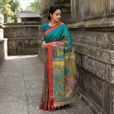 Green Srikalahasti Handpainted Natural Dyed Bangalore Silk Zari Border Pen Kalamkari Saree, draped and worn by a woman, AI visual of the saree, iTokri