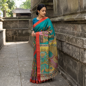 Green Srikalahasti Handpainted Natural Dyed Bangalore Silk Zari Border Pen Kalamkari Saree, draped and worn by a woman, AI visual of the saree, iTokri