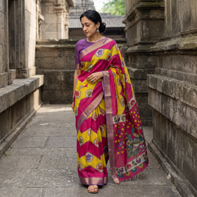 Multicolor Srikalahasti Handpainted Natural Dyed Bangalore Silk Zari Border Pen Kalamkari Saree, draped and worn by a woman, AI visual of the saree, iTokri