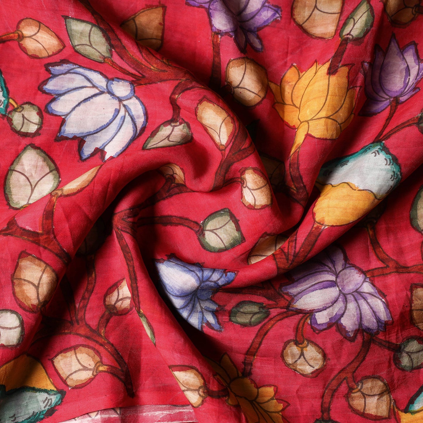  Srikalahasti Kalamkari Handpainted Pen Work Chanderi Silk Handloom Fabric 07 