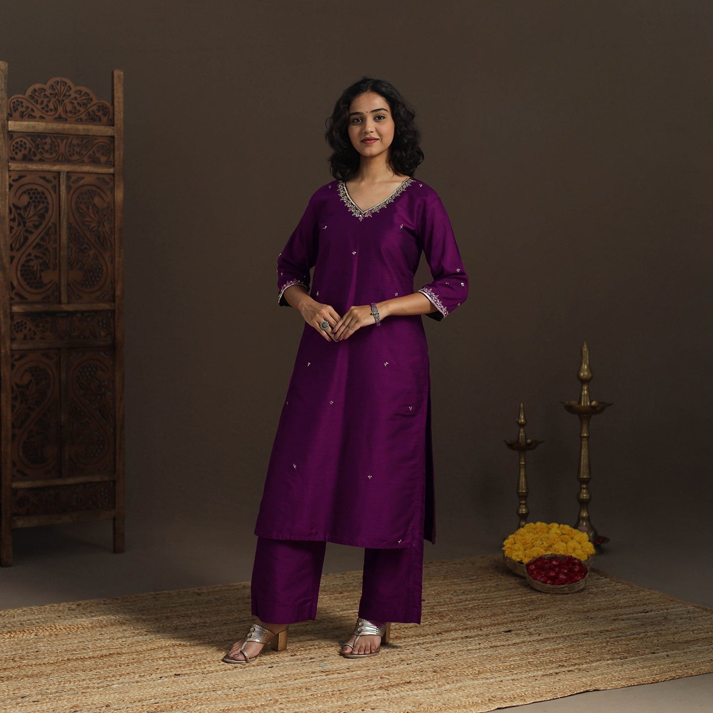 Purple - Slub Silk Hand Embroidered Straight Plain Long Kurta 04