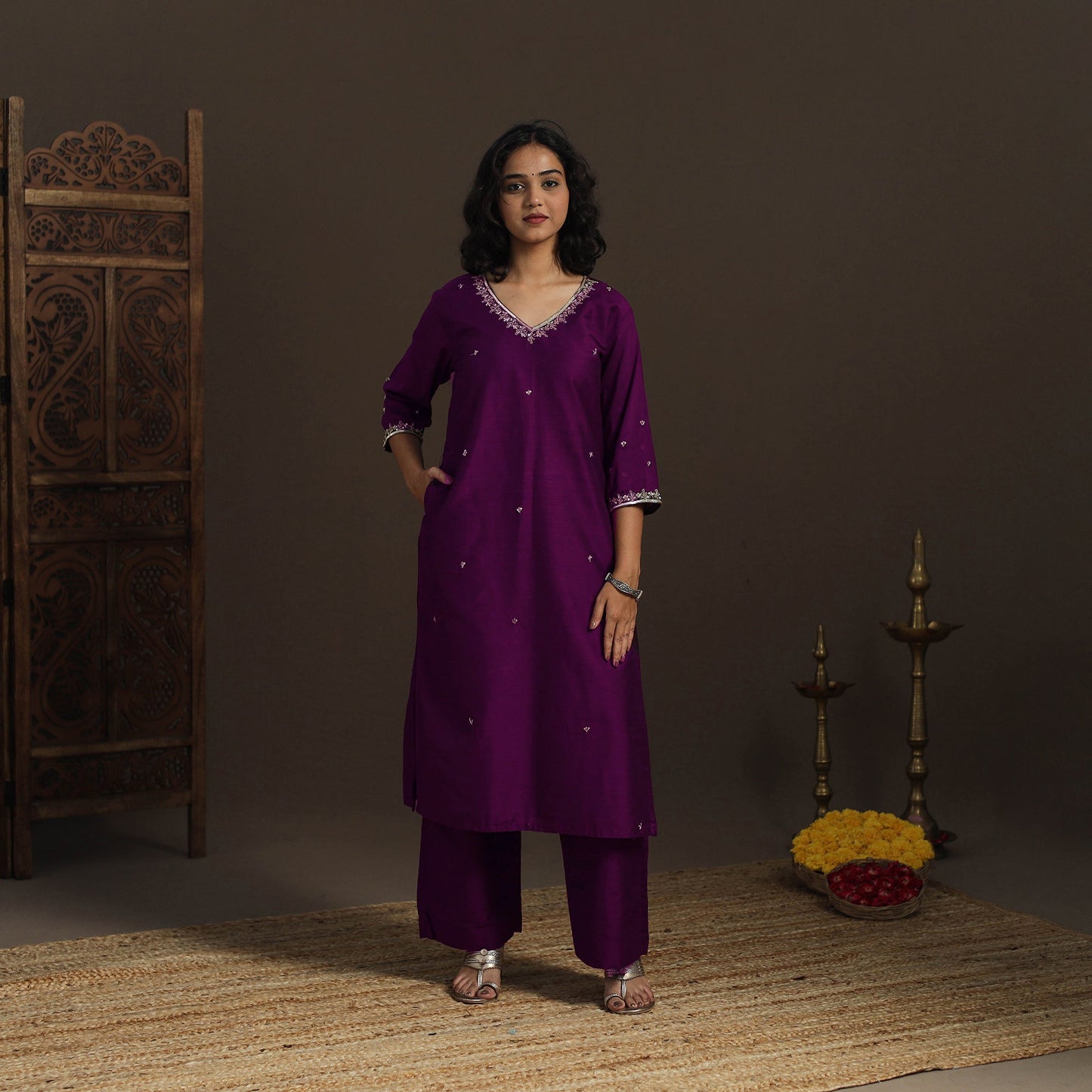Purple - Slub Silk Hand Embroidered Straight Plain Long Kurta 04