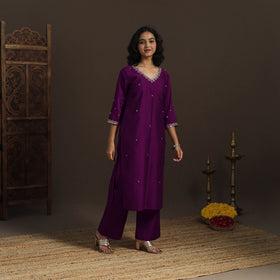 Purple - Slub Silk Hand Embroidered Straight Plain Long Kurta 04