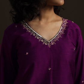 Purple - Slub Silk Hand Embroidered Straight Plain Long Kurta 04