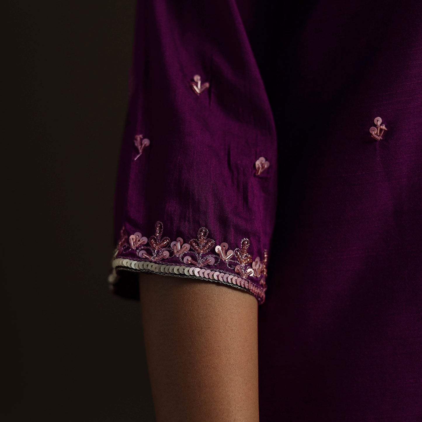 Purple - Slub Silk Hand Embroidered Straight Plain Long Kurta 04