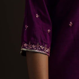 Purple - Slub Silk Hand Embroidered Straight Plain Long Kurta 04