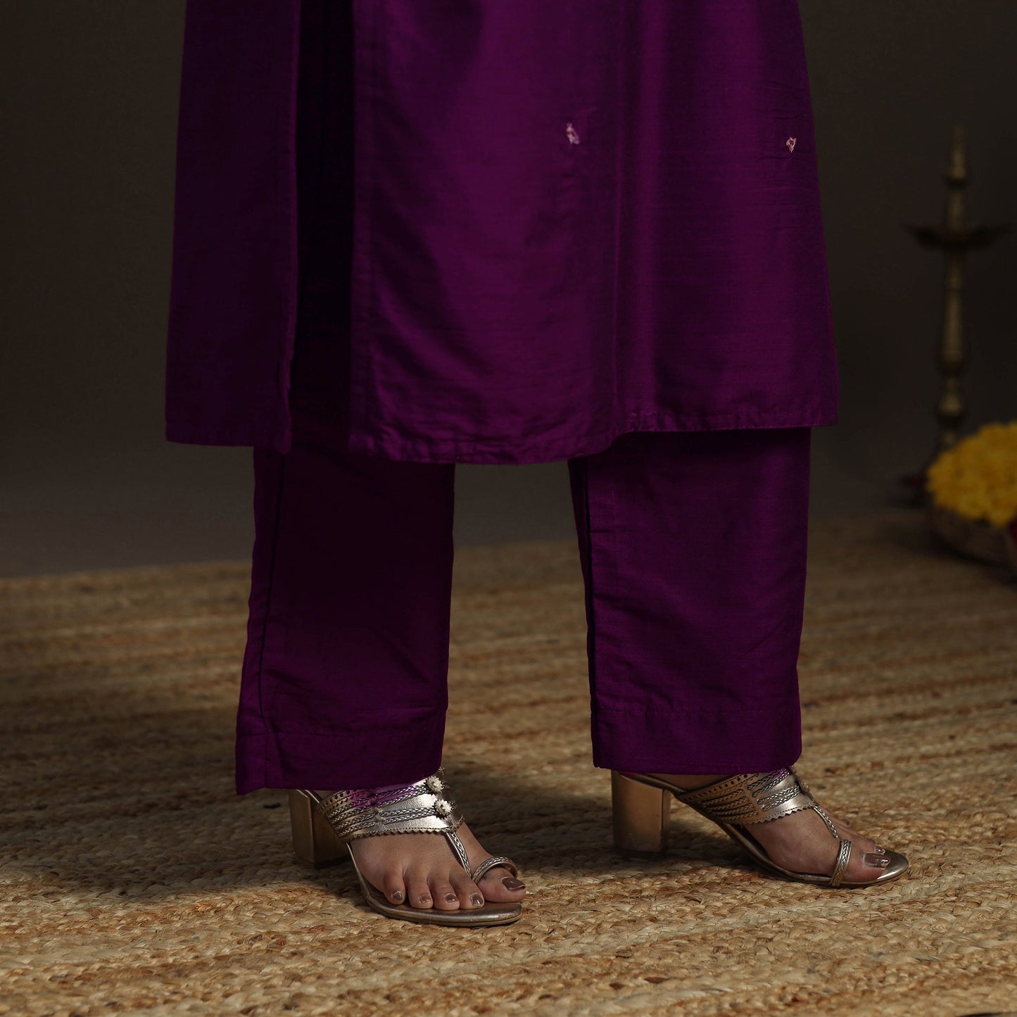 Purple - Slub Silk Hand Embroidered Straight Plain Long Kurta 04