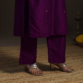 Purple - Slub Silk Hand Embroidered Straight Plain Long Kurta 04