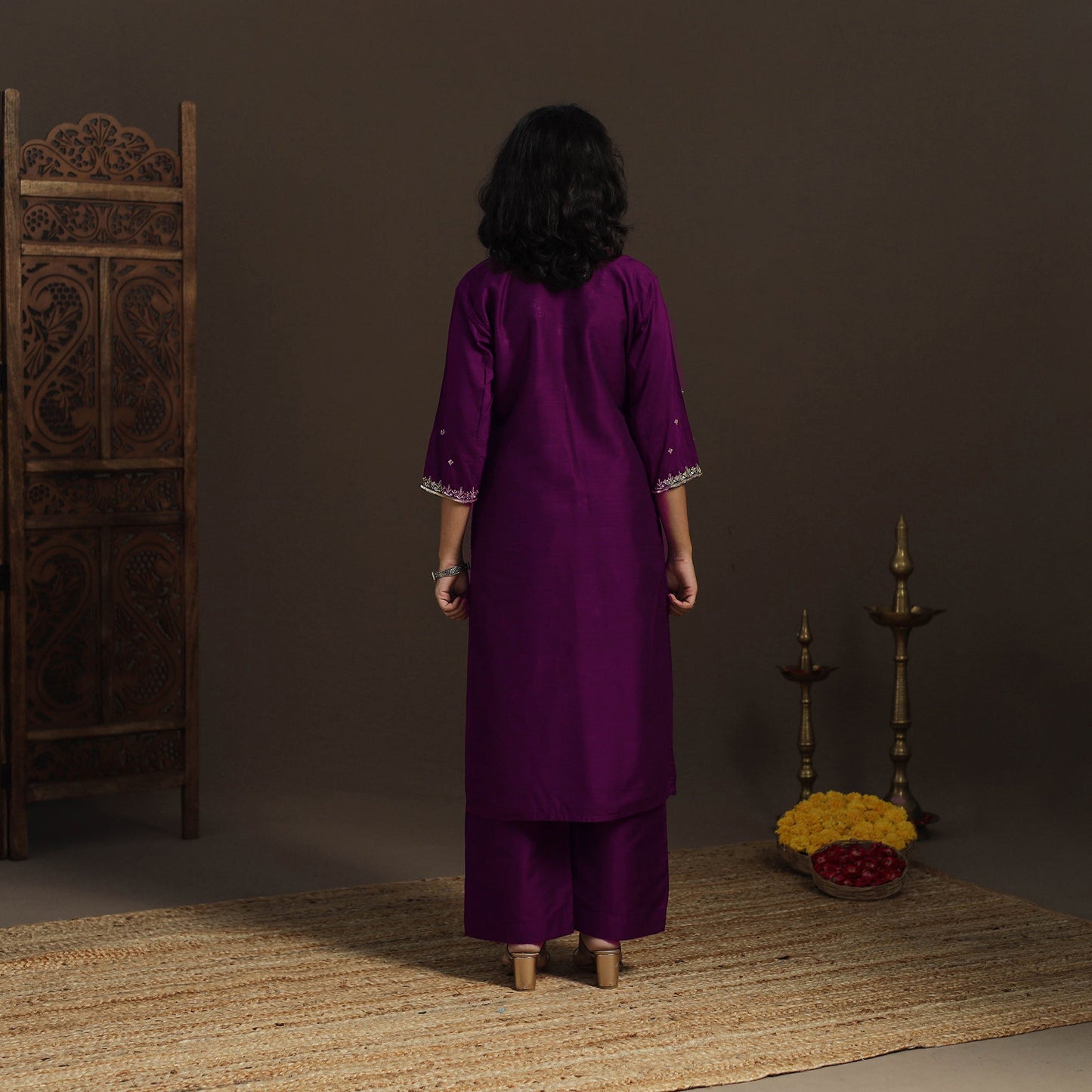 Purple - Slub Silk Hand Embroidered Straight Plain Long Kurta 04