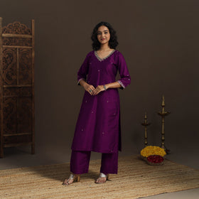 Purple - Slub Silk Hand Embroidered Straight Plain Long Kurta 04