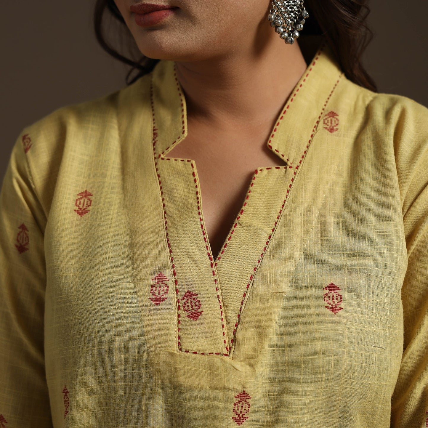 Straight cotton hand embroidered jacquard kurta for women
