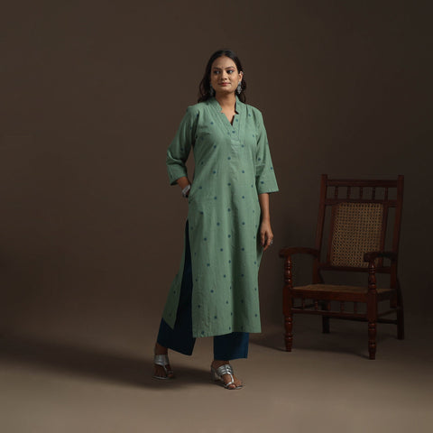 Straight cotton hand embroidered jacquard kurta for women
