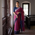 Purple Stripe Cotton Saree with Floral Extra Weft, draped and worn by a woman, AI visual of the saree, iTokri