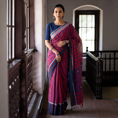 Purple Stripe Cotton Saree with Floral Extra Weft, draped and worn by a woman, AI visual of the saree, iTokri