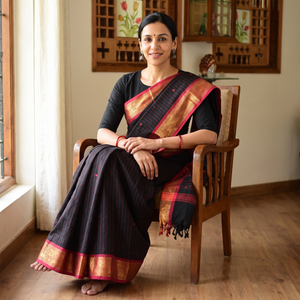 Black Stripes Buti Cotton Zari Border Kanchipuram Saree, draped and worn by a woman, AI visual of the saree, iTokri