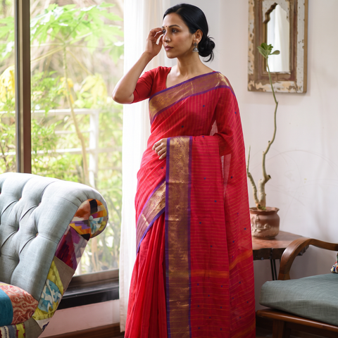Red Stripes Buti Cotton Zari Border Kanchipuram Saree, draped and worn by a woman, AI visual of the saree, iTokri